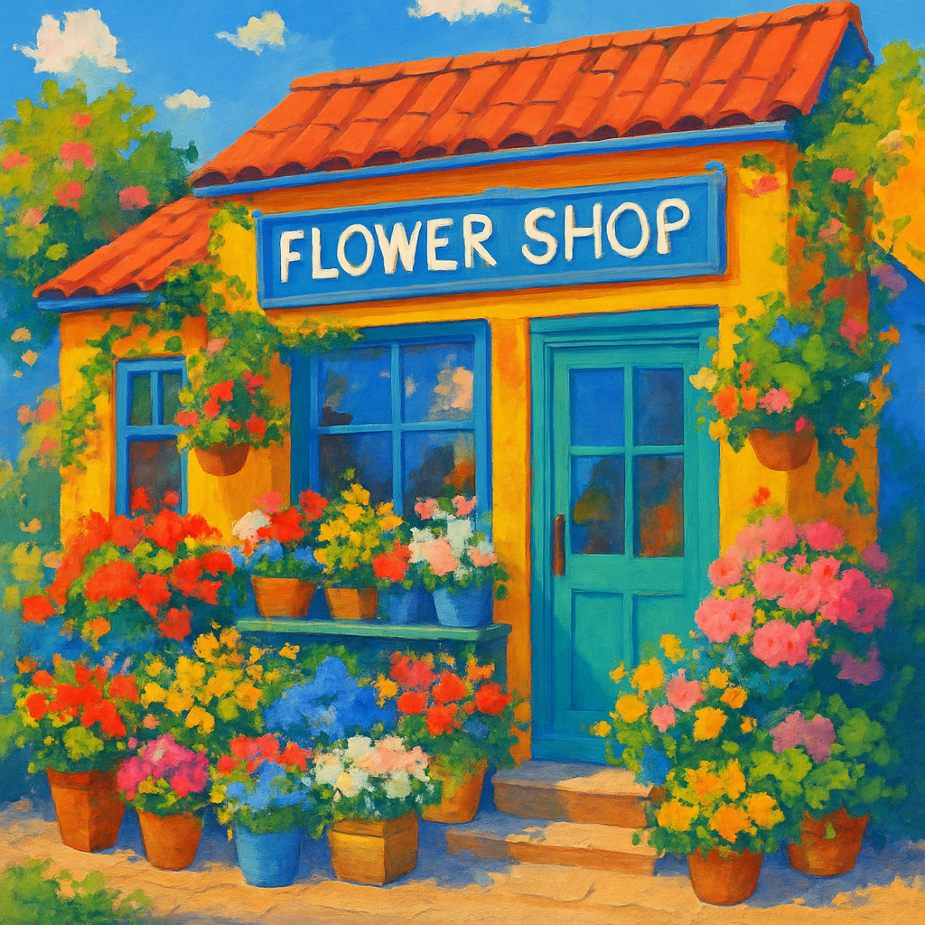 A vibrant flower shop location with a colorful exterior.